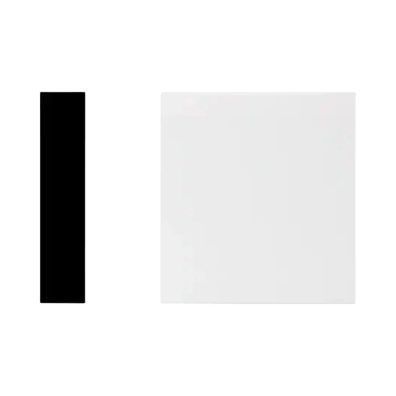 A solid black vertical rectangle, representing the Go Build 4 in. x 1 in. x 12 ft. Vinyl Trim Plank Moulding for exterior use, stands on the left; a large white horizontal rectangle is on the right, both set against a plain white background.